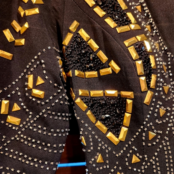 Jovani short long sleeve black and gold dress, size 10. - Picture 3 of 8